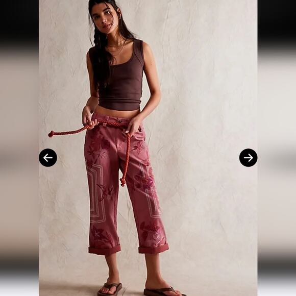 FREE PEOPLE ELECTRIC SANDS EMBROIDERED CROPPED PANTS Sz 4 - Picture 2 of 6